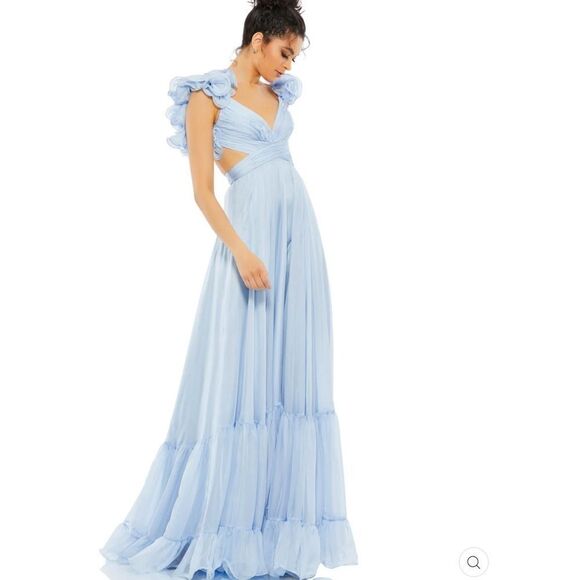 NWT Mac Duggal 67911 Ruffled Tiered Cut Out Chiffon Gown Dress Blue 2 - Picture 4 of 15